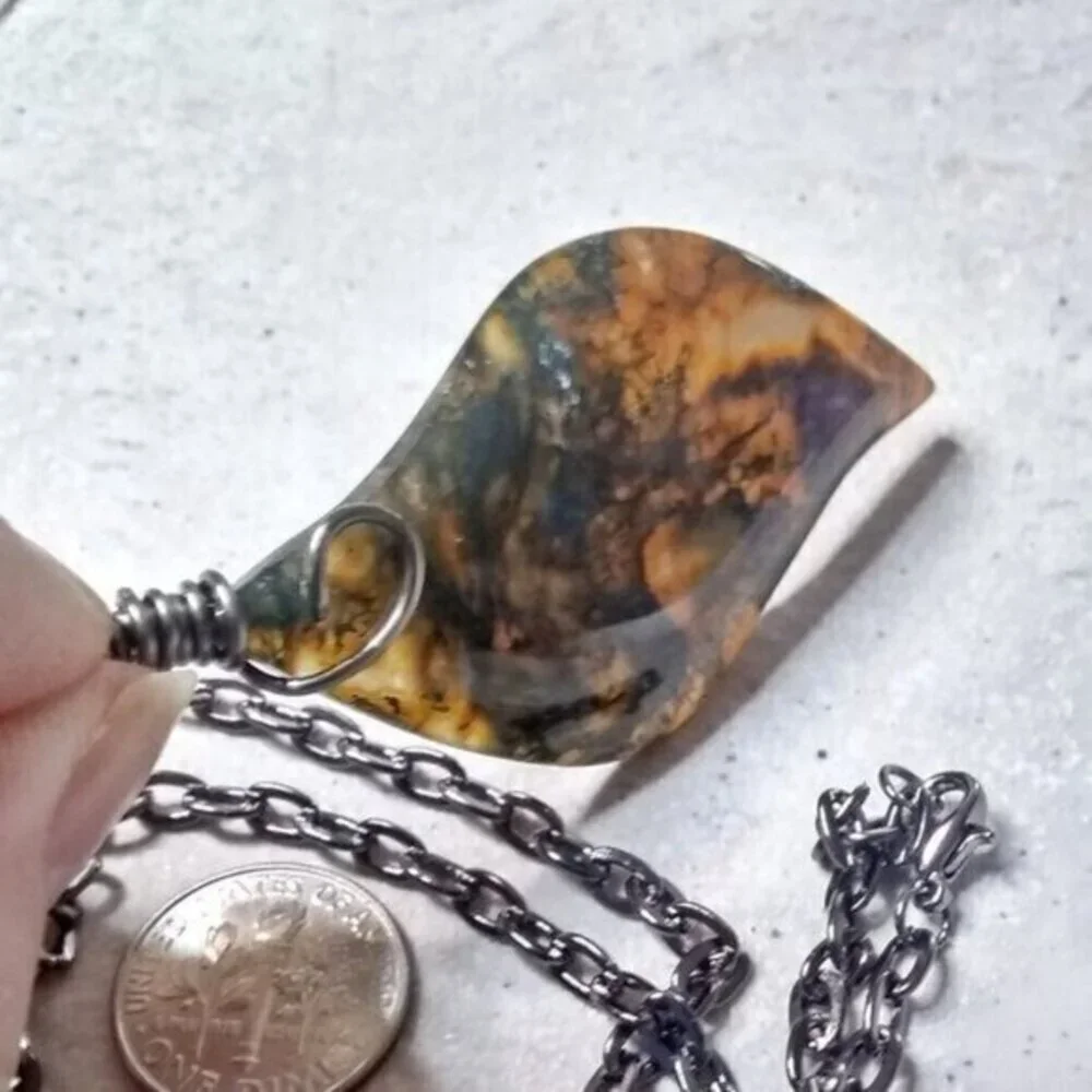 Semi-Translucent Dendritic Agate Flame Pendant + Chain! Dark, Masculine + Broody